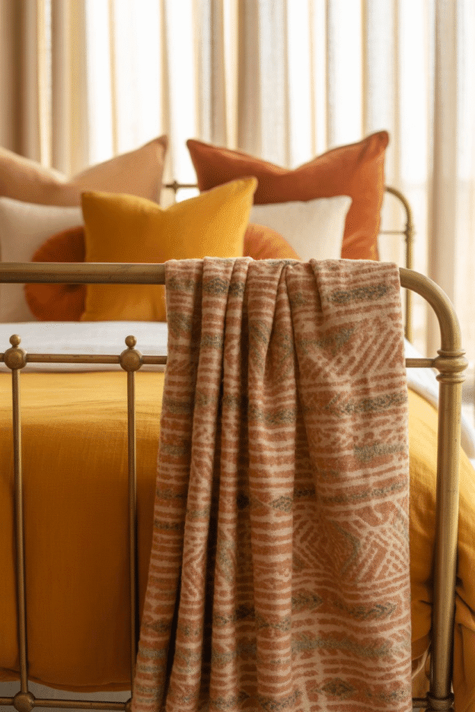 A draped scarf on a bedframe adds texture and relaxed style to a fall bedroom setup.