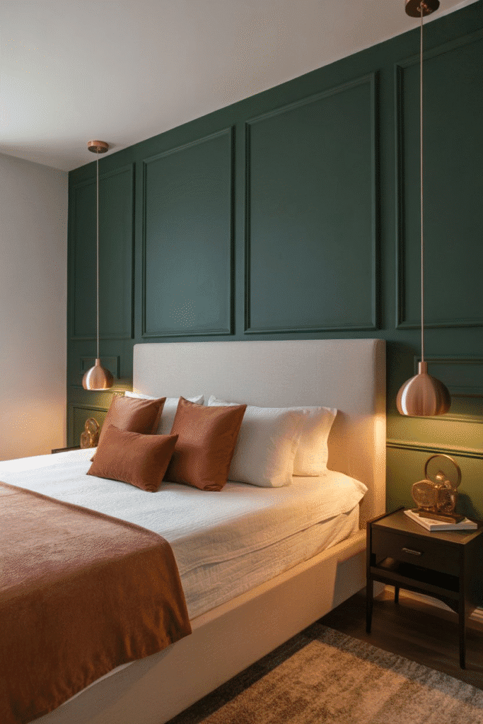 A moody dark green accent wall adds depth and fall character to a stylish bedroom.