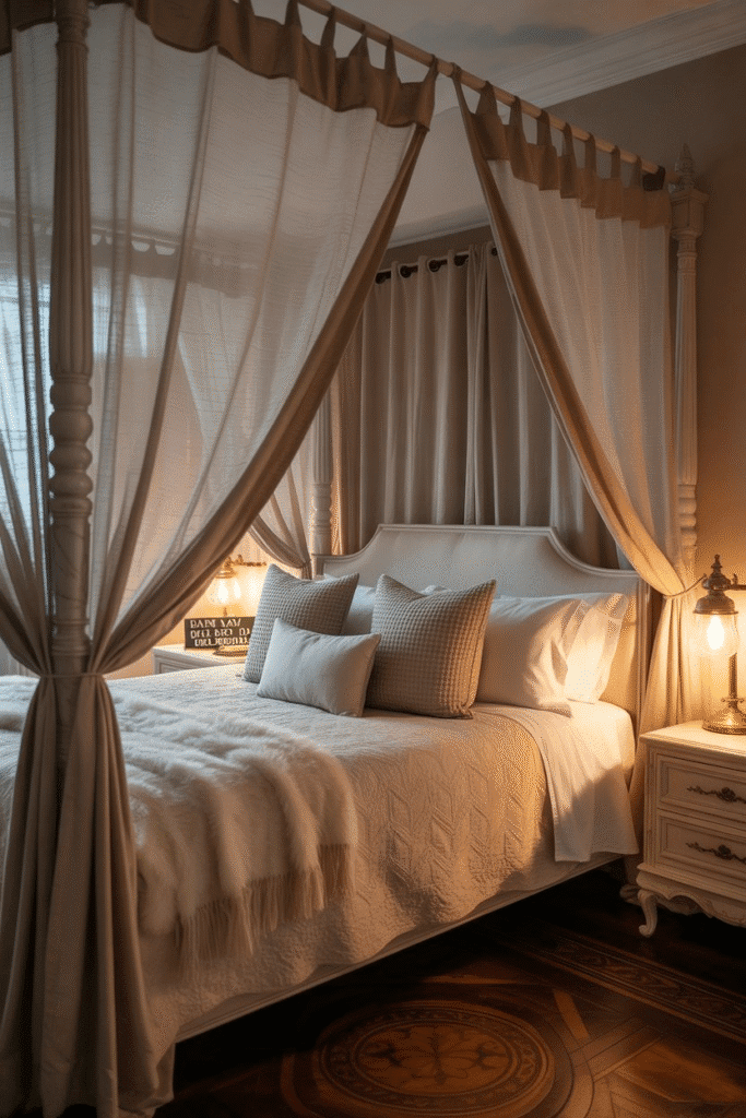 A soft fabric canopy creates a cozy, enclosed feel perfect for a fall-inspired bedroom retreat.