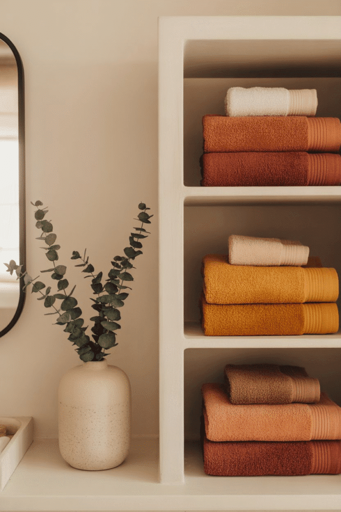 As a part of fall bathroom decor ideas this picture shows warm-toned fall towels in seasonal colors add cozy accents to a neutral bathroom.
