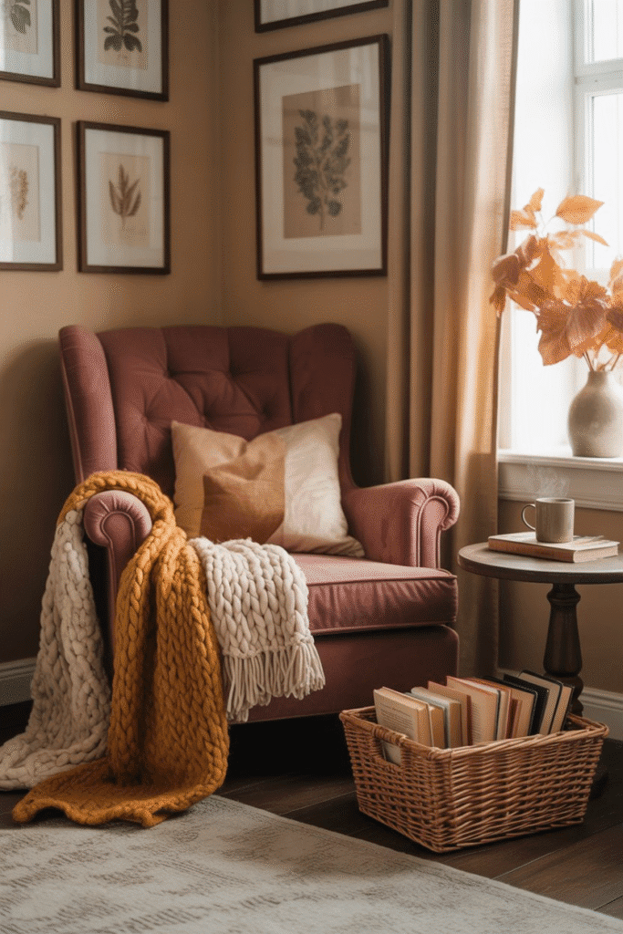A cozy bedroom reading nook with fall touches invites relaxation and seasonal downtime.
