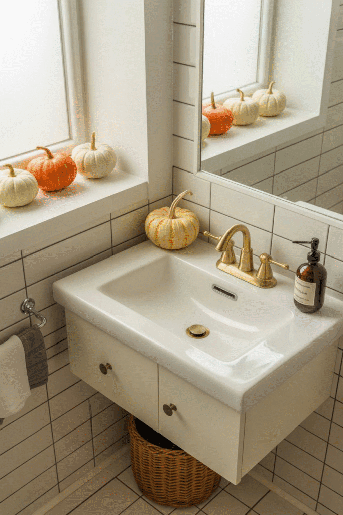 Mini pumpkins bring a playful and festive autumn touch to a bright bathroom space.