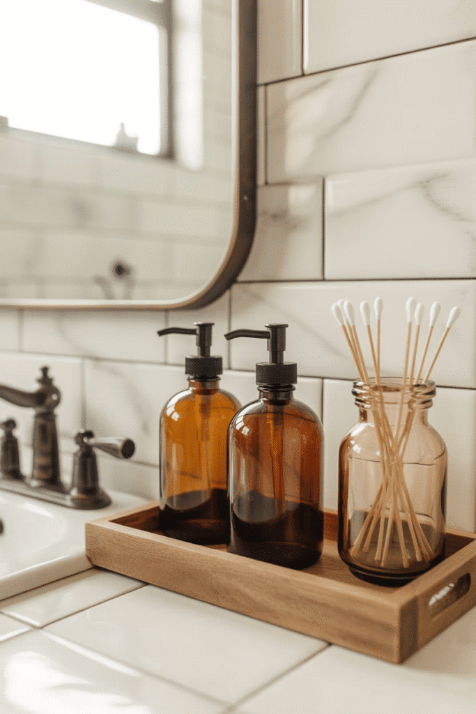 Amber bottles add warmth and vintage charm to seasonal fall bathroom decor.