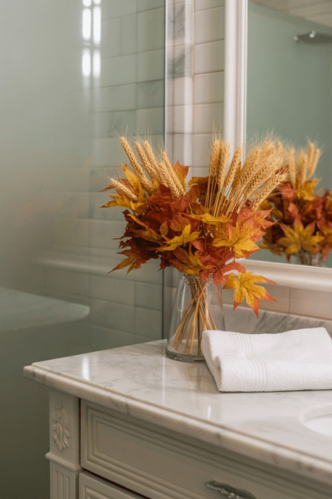 Faux autumn foliage adds texture and seasonal color to a bathroom vanity.
