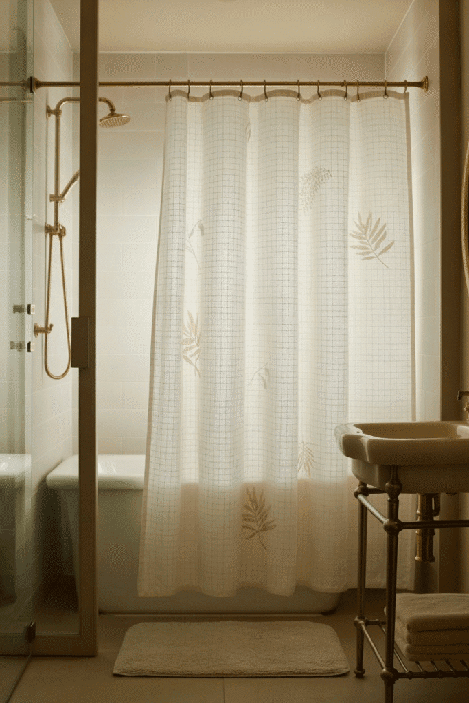 A fall-themed shower curtain sets the seasonal tone in a stylish autumn bathroom.