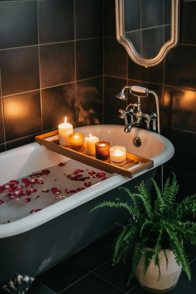 Scented candles infuse the bathroom with cozy fall ambiance and soft lighting.