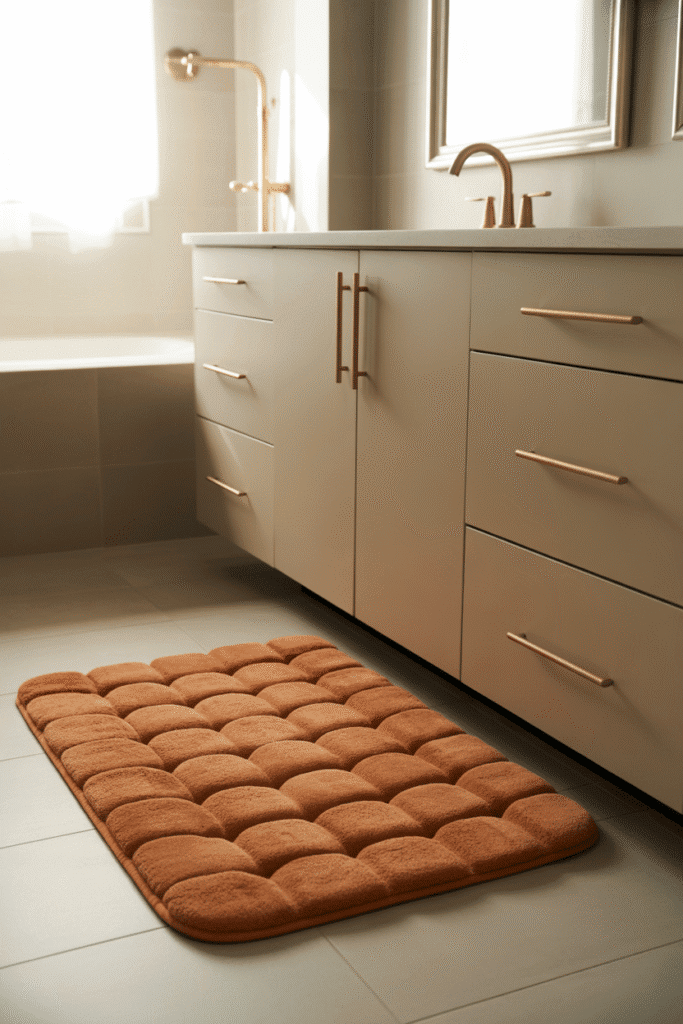 A textured bath mat in warm tones adds comfort and autumn-inspired decor to the bathroom.