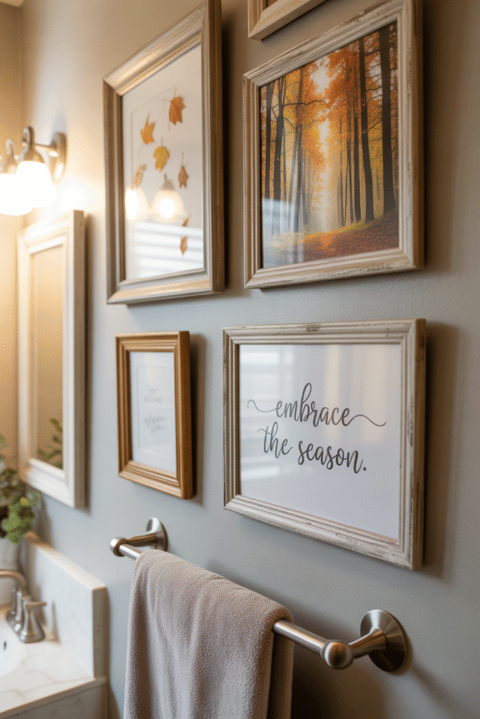 Seasonal wall art brings fall character and charm to bathroom interiors.