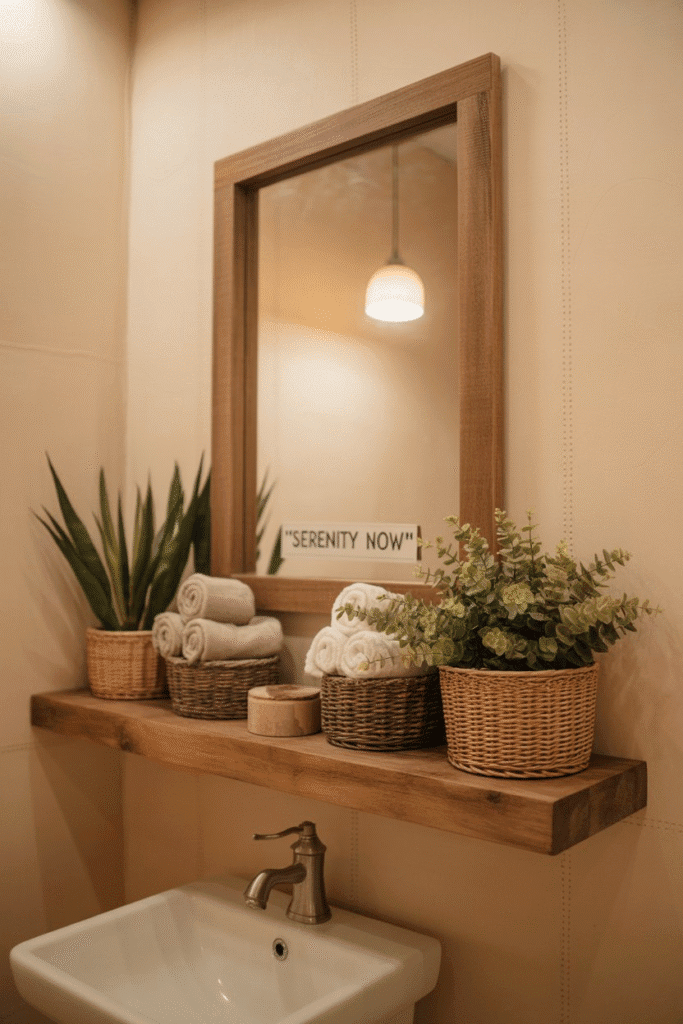Wood and wicker decor elements warm up the space with natural, autumnal texture.