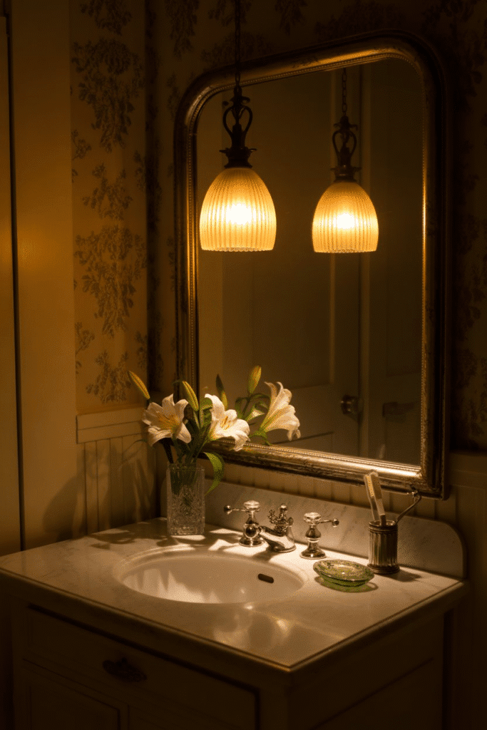 Warm lighting creates a soft, inviting glow ideal for fall bathroom styling.