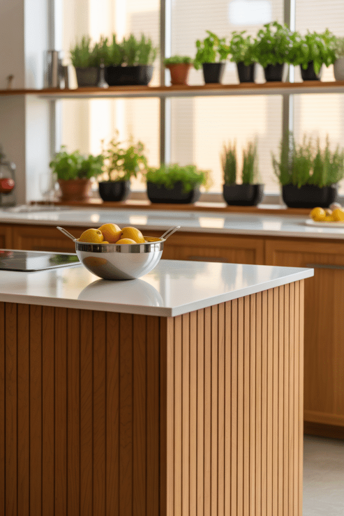 Contemporary kitchen featuring natural wood cabinets and warm oak finishes — a top trend for 2025.