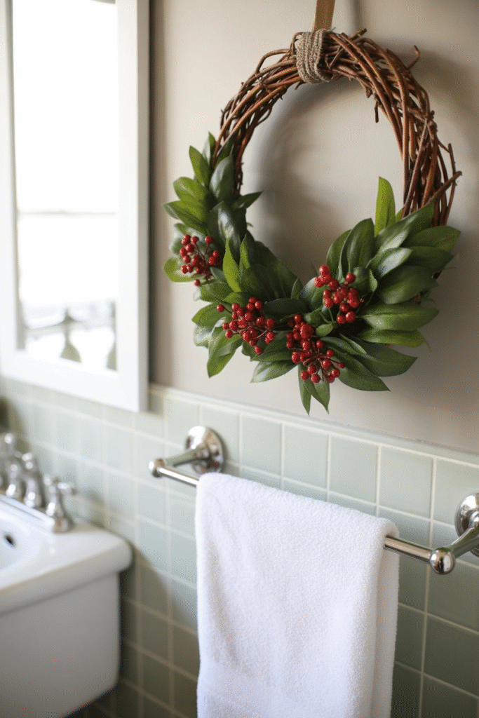 A fall wreath brings a rustic seasonal accent to even the smallest bathroom wall.