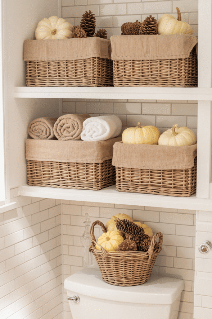 Themed storage baskets blend seasonal decor with practical organization in the bathroom.