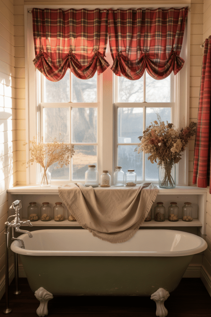 Textile accents in fall patterns add softness and seasonal flair to bathroom decor.