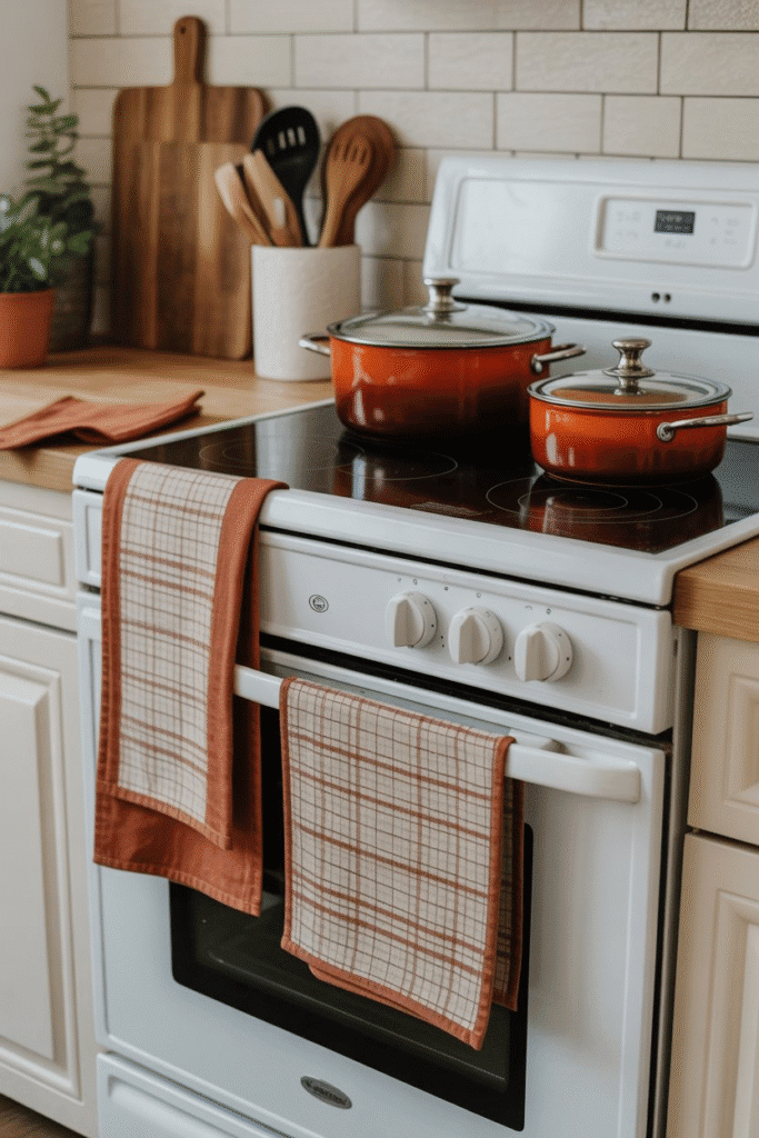 Fall-colored dish towels instantly add warmth and seasonal style to the kitchen.