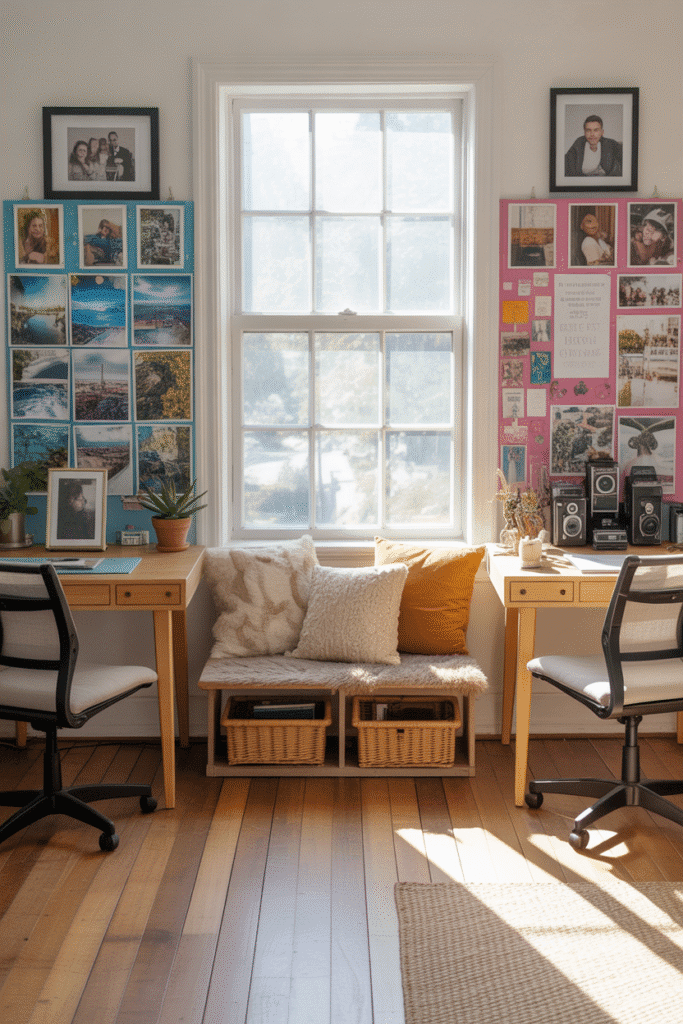 Personalized decor helps express individuality in a shared home office setup.
