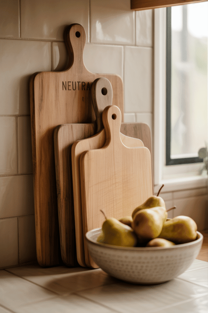 Layered cutting boards bring natural warmth and texture perfect for fall decor.