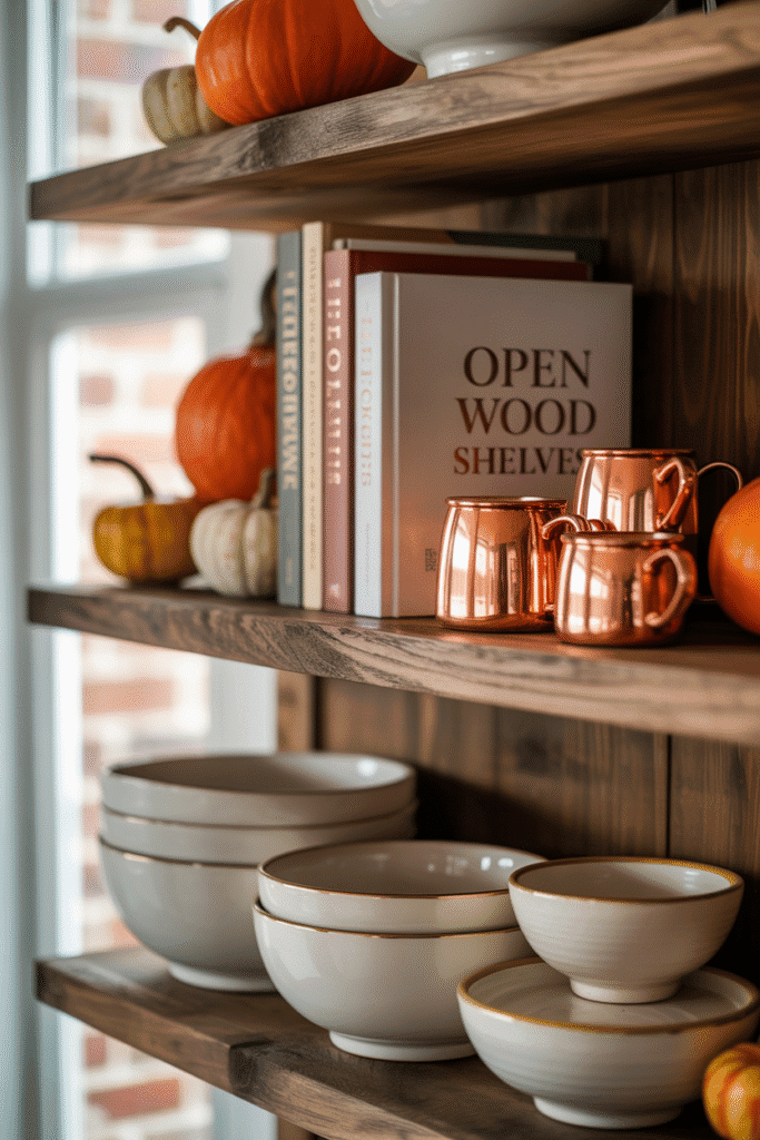 Styling open shelving with fall items adds a curated, seasonal touch.