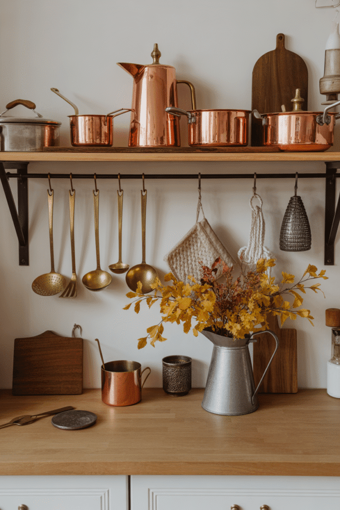 Copper and brass accents add shine and warmth to autumn kitchen styling.