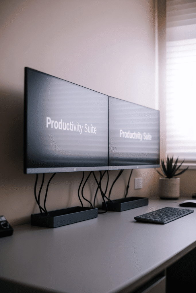 Efficient shared office with dual monitor setups and smart cable management.