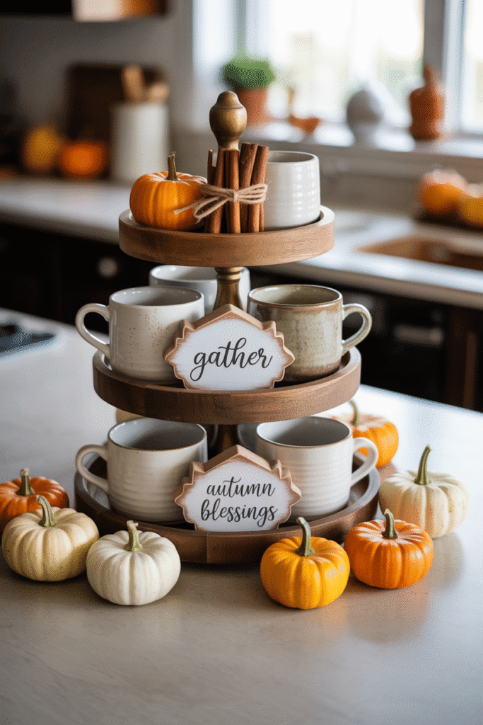A tiered tray offers compact, festive fall styling in any kitchen corner.