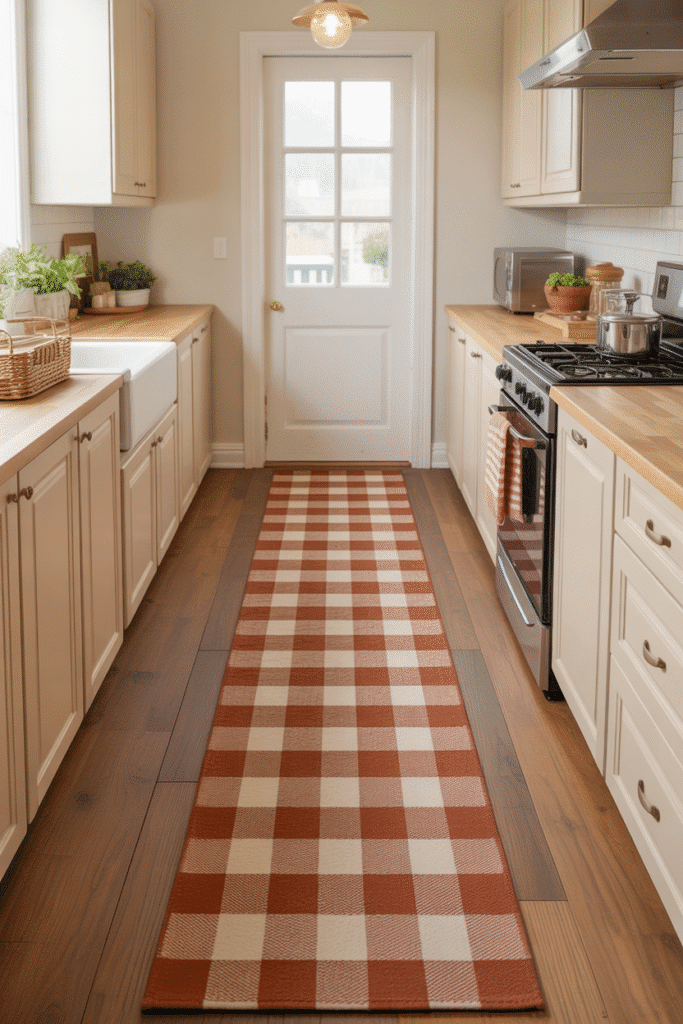 A cozy runner rug brings texture and seasonal warmth to kitchen flooring.