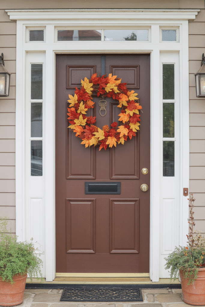 Traditional maple leaf wreath bursting with autumn colors adds seasonal charm to the front door.

