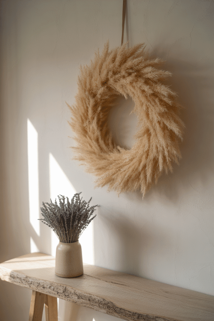 Neutral pampas wreath brings elegant fall softness to a boho-inspired interior.

