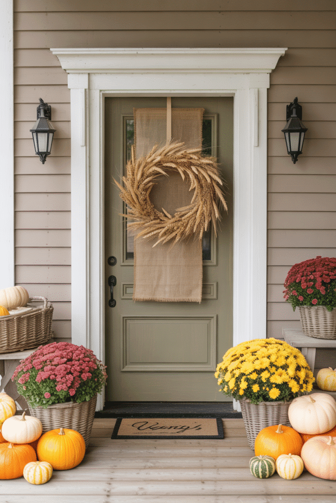 Burlap and wheat combine for a cozy, farmhouse-style fall wreath perfect for outdoors.


