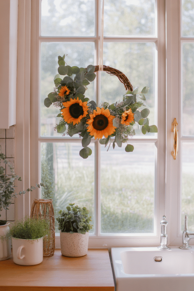 Sunflowers and eucalyptus add brightness and greenery to fall wreath decor.

