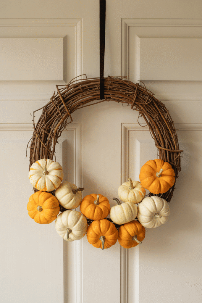 Mini pumpkins arranged in a wreath create a festive, playful autumn accent.


