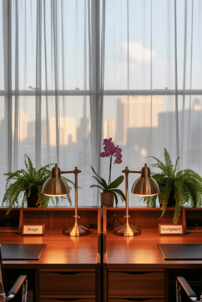 Natural light brightens a shared office with desks positioned near a large window.