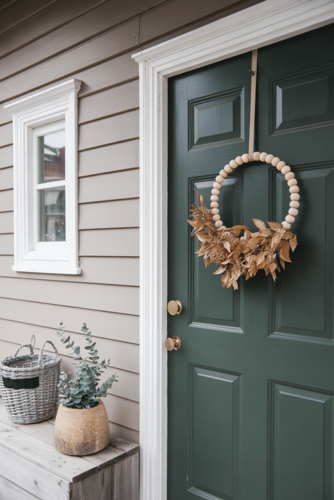 As a part of fall wreath ideas this picture shows simple wood bead wreath brings natural texture and a clean fall look.

