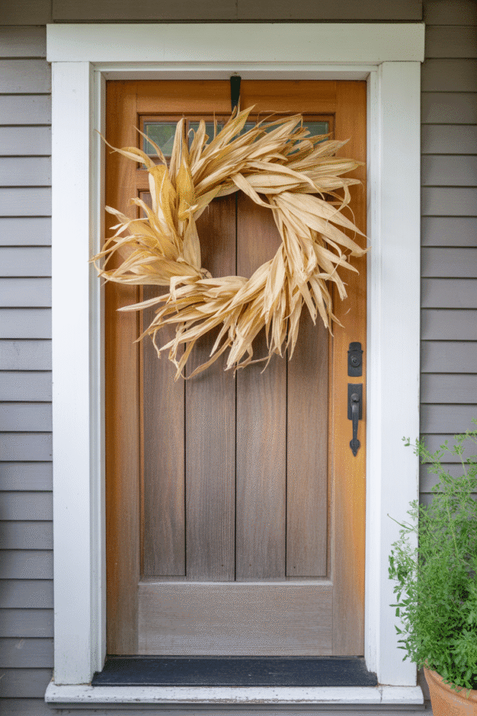 Corn husk wreath adds handmade harvest charm to entryway decor.


