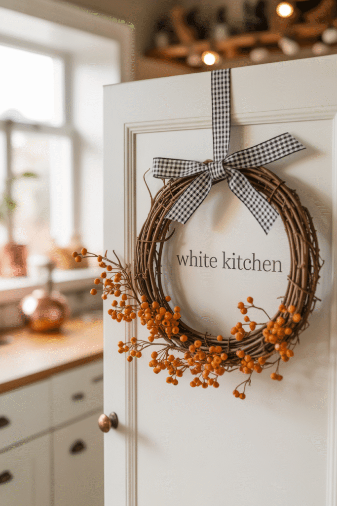 Gingham ribbon and berries combine for a cheerful, country-style fall wreath.

