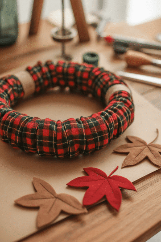 Plaid fabric gives this fall wreath a cozy, homespun personality.

