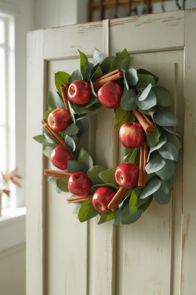 Apple and cinnamon wreath brings visual and aromatic warmth to fall kitchens.

