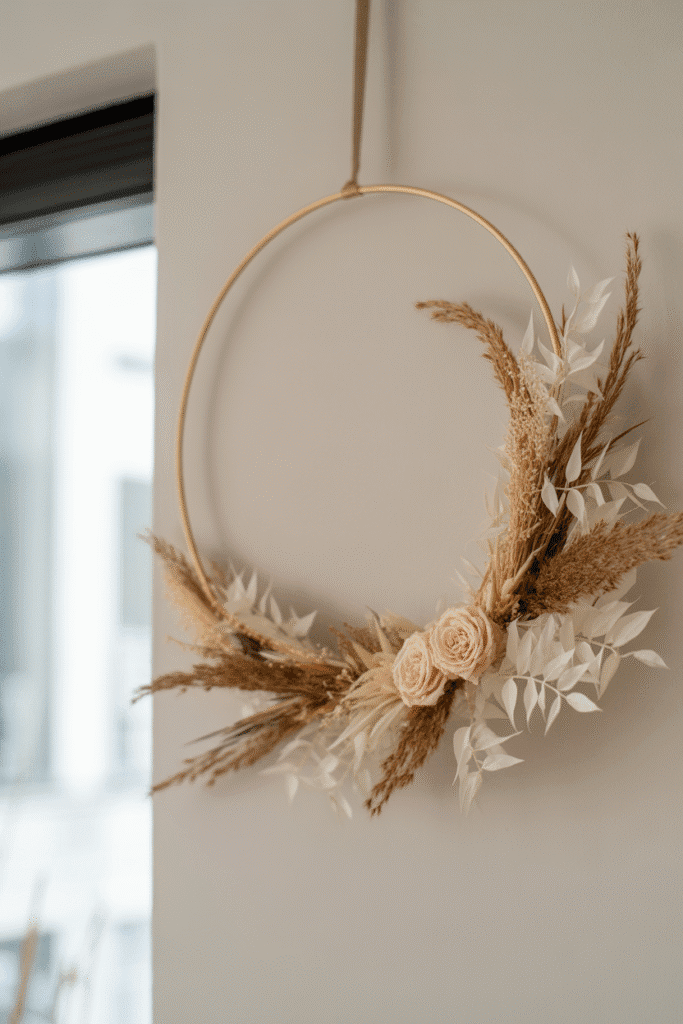 Modern hoop wreath with fall foliage offers a chic, understated seasonal touch.

