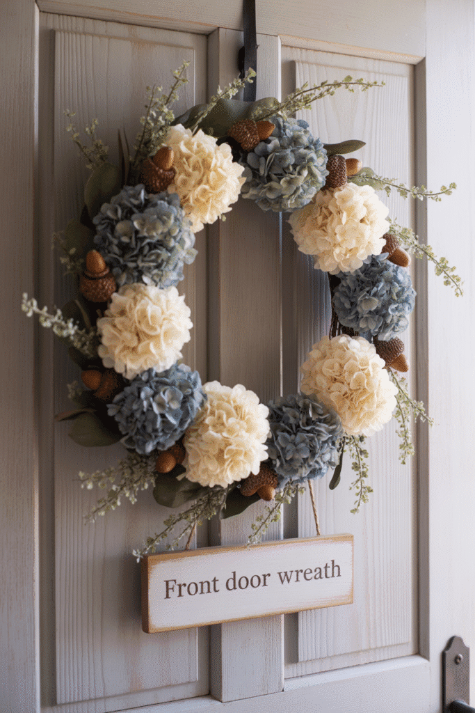 Hydrangea and acorn wreaths lend soft romance and woodland elegance.

