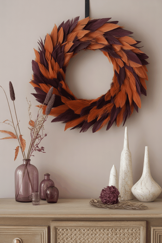 Feather wreath in rich autumn colors adds bold texture and drama to your fall setup.

