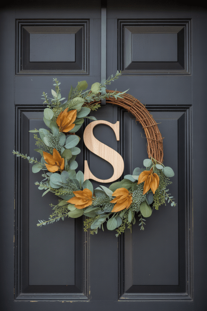 Personalized fall wreath with monogram adds warmth and family charm to your entry.

