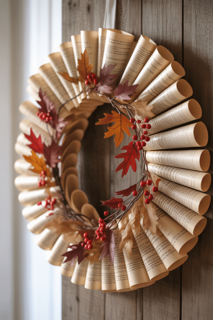 Book page wreath offers creative and vintage-inspired fall flair.

