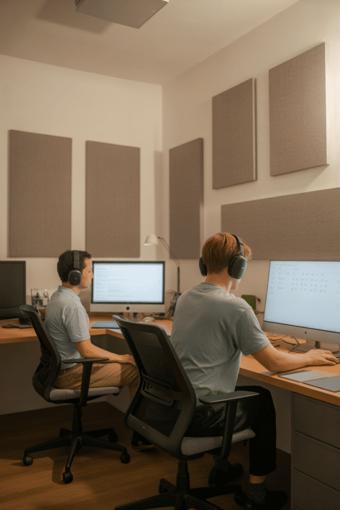 Noise-reduction tools like headphones and acoustic panels enhance focus in a shared office.