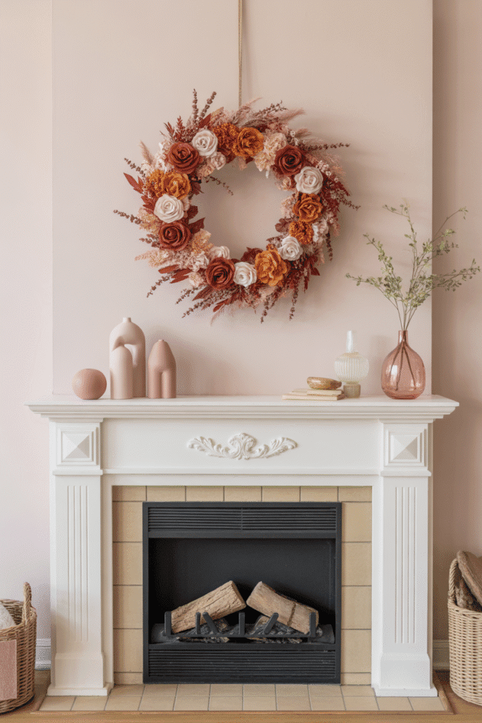 Muted fall floral wreath adds soft color and elegance to neutral seasonal styling.


