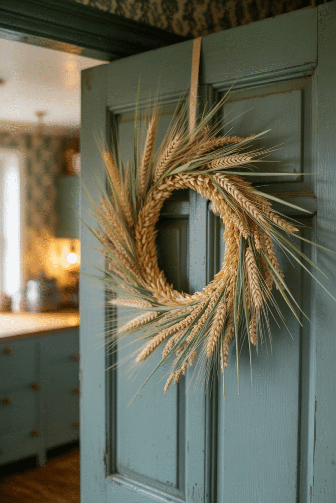 Dried grain wreath highlights harvest textures and earthy fall design.


