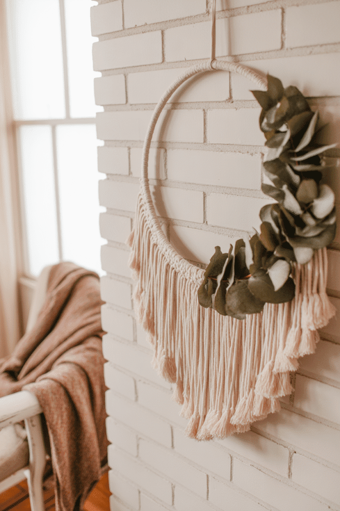 Macramé and botanicals blend for a relaxed, boho-style fall wreath.

