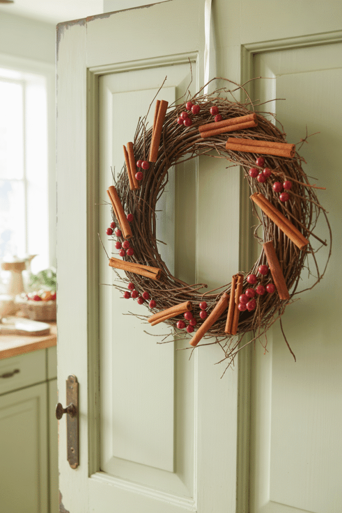 Cinnamon twig wreath brings rustic texture and seasonal aroma together.

