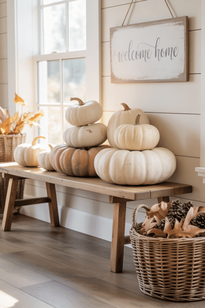 As a part of neutral fall decor ideas this picture shows neutral-toned cream and white pumpkins styled in a cozy farmhouse entryway for a soft fall look.