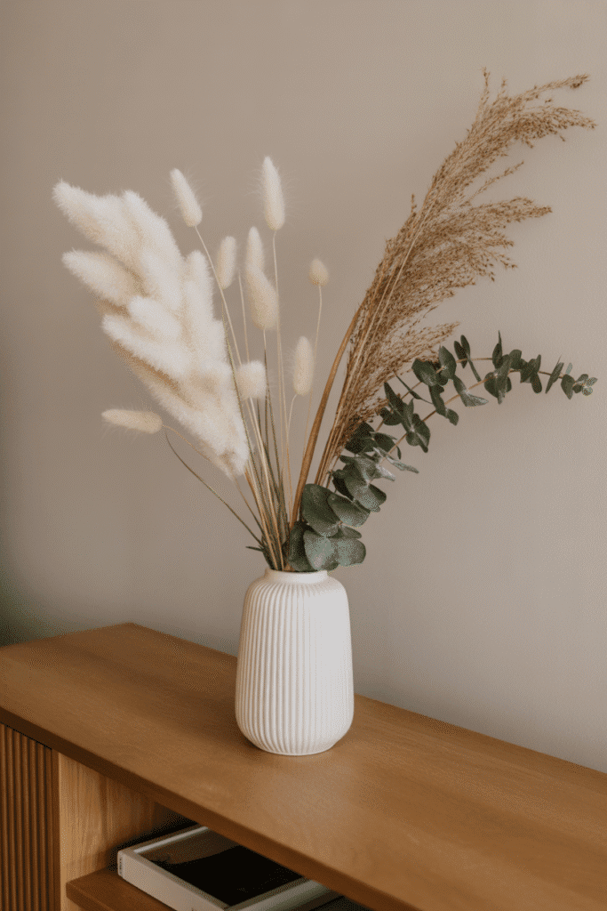 Dried florals in earthy tones bring organic texture and softness to fall home decor.