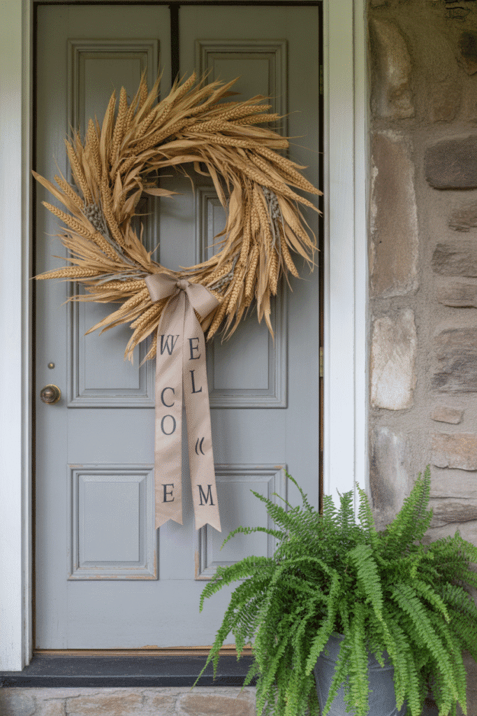 A neutral fall wreath made of natural dried elements creates a warm and welcoming seasonal touch.